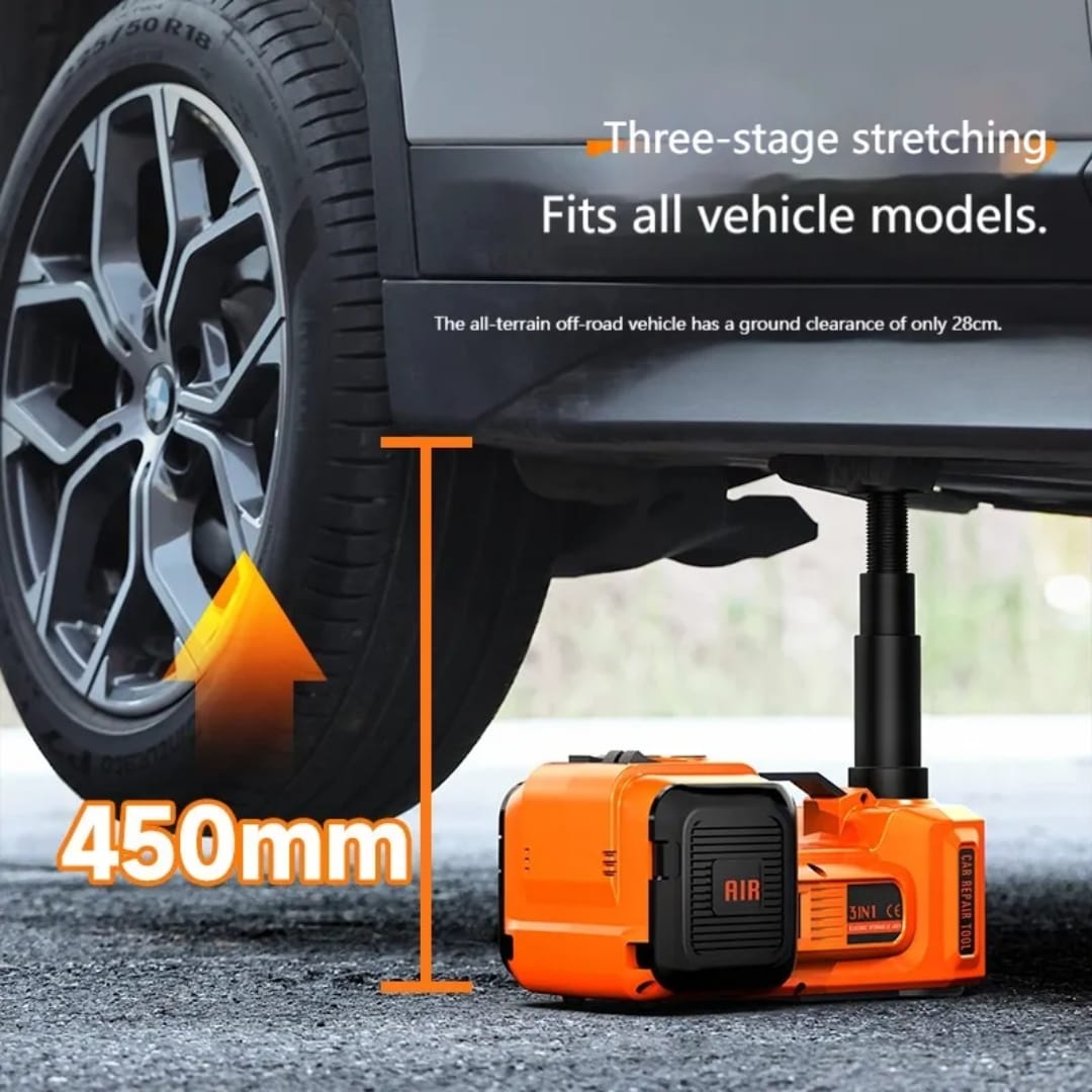 Step 3 showing the car lifted and tyre inflation in progress with the 5-in-1 jack