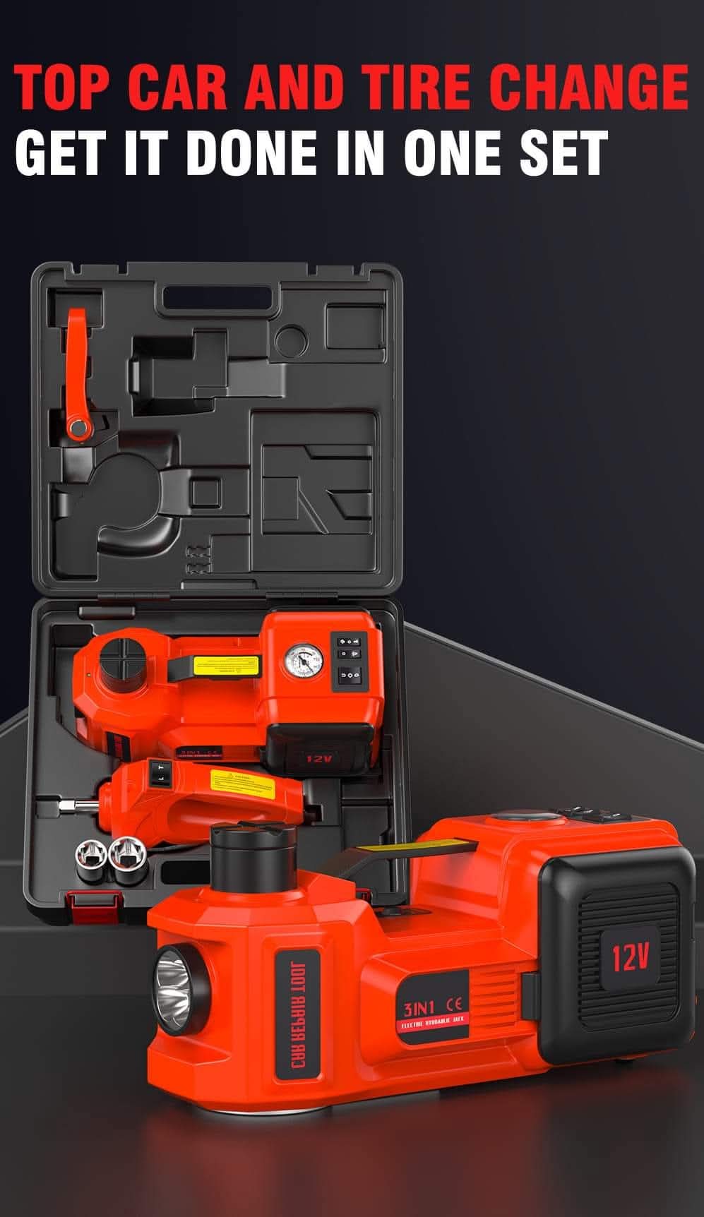 Main 5-in-1 electric hydraulic car jack with lift controls and inflation connection