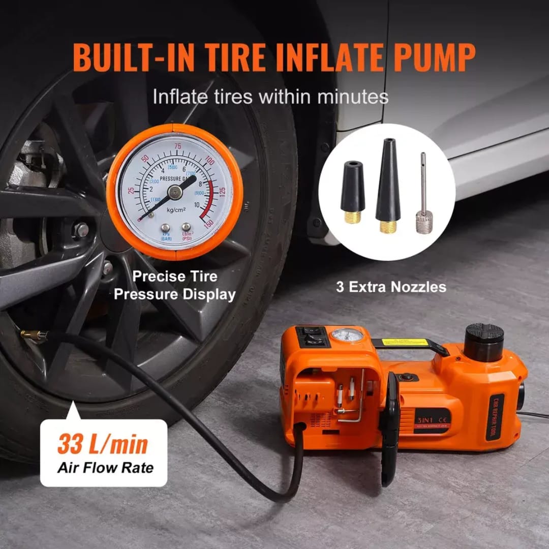 Built-in air pump demo showing tyre inflation from the 5-in-1 electric car jack